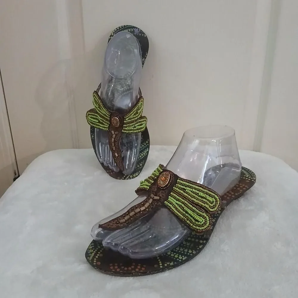 Y2K Vintage Beaded Dragonfly Flip Flop Thong Sandals 9 Boho Fairy Granola Earthy